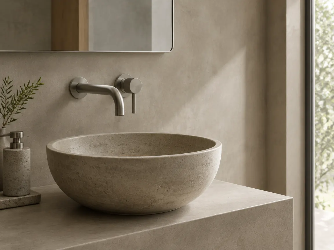 Modernes Lavabo aus Naturstein mit gebürsteter Wandarmatur